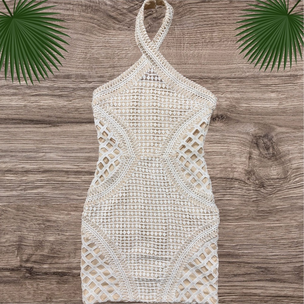Tobi Halter Dress Women's XS Cream Tan Boho Abstract Embroidered Casual Party